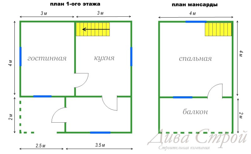 План дачного дома 6 на 7 с туалетом и санузлом